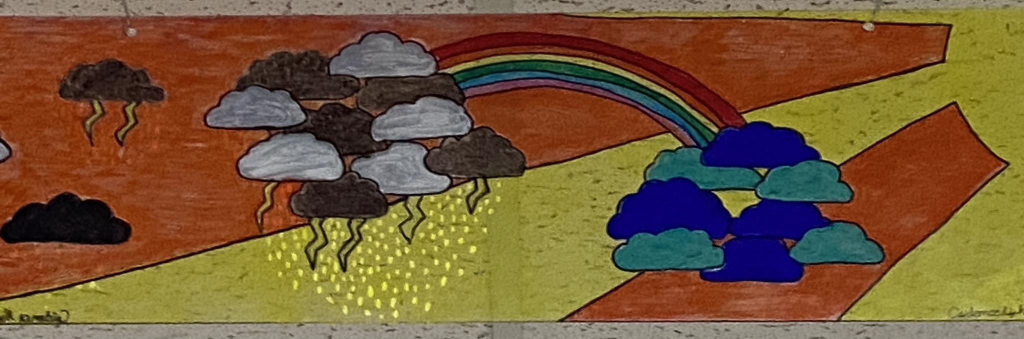 Rain cycle painted on clear tile hanging from ceiling