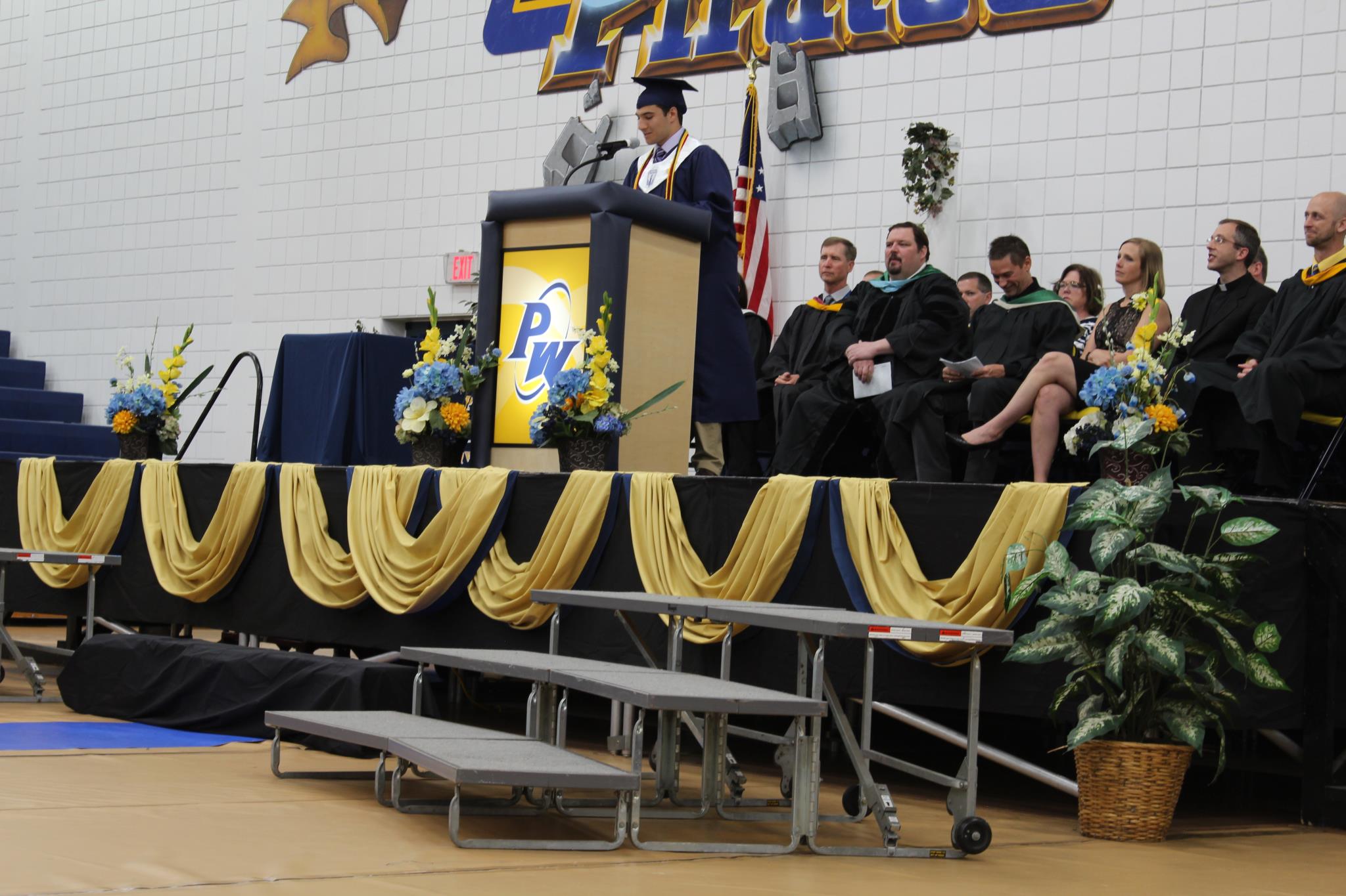 PW graduate, Trevor Thelen, delivers a speech at Commencement on May 21, 2017.